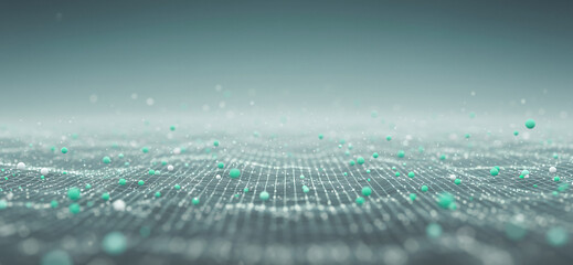 Abstract digital grid with glowing dots in a teal and gray color scheme, portraying futuristic dashboards, interface mockups, or secure data system visualizations