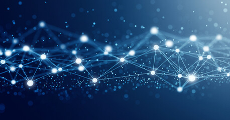 Abstract network with glowing nodes and connecting lines on a dark blue background, symbolizing secure communication, AI systems, or futuristic information grids
