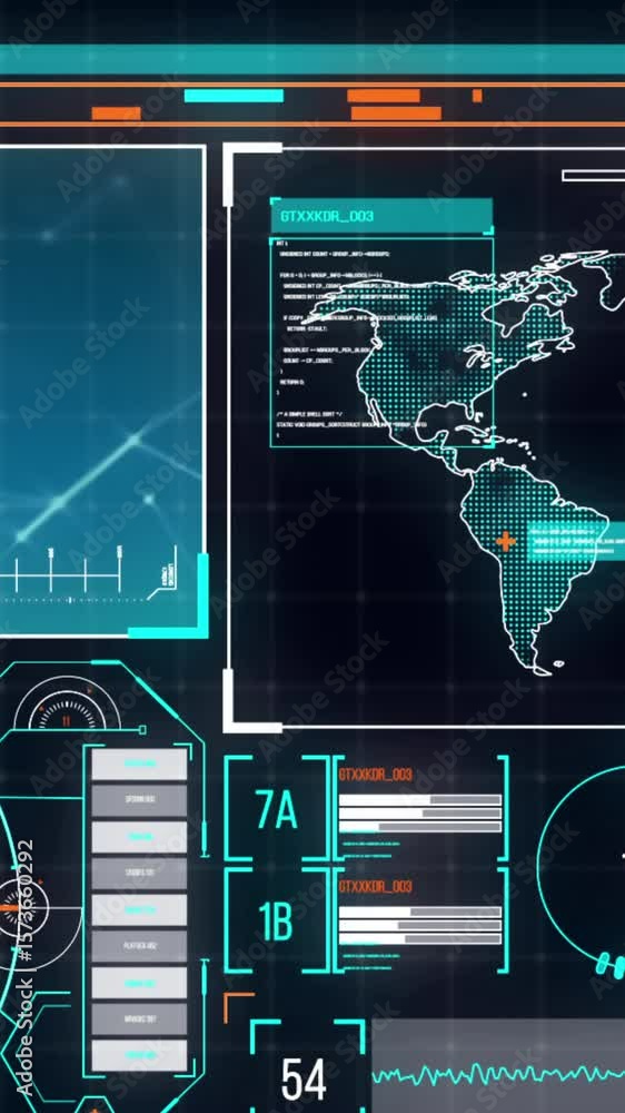 Poster animation of interface with spinning globe, world map and data processing on blue background