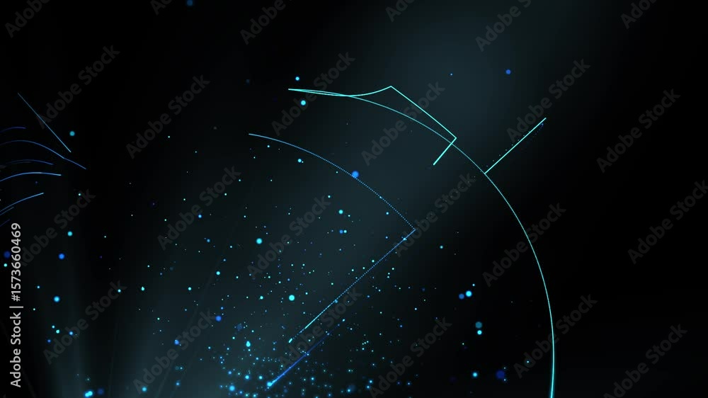 Wall mural abstract background with glowing particles and light lines. animation rotation of optical fiber wire