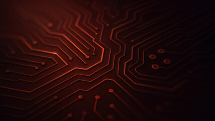 Abstract red circuit board pattern with blurred background suggesting electronics or technology, evoking a futuristic data system used in smart devices and AI hardware