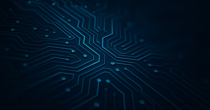 Abstract dark blue background with circuit board pattern and glowing dots, symbolizing digital communication layers within a connected tech network