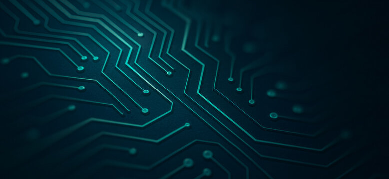 Dark blue background with teal circuit board pattern representing technology or electronics, often used in digital system concepts, AI processors, and software design