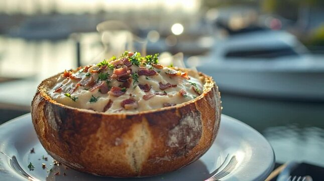 Creamy clam chowder in a sourdough bread bowl, topped with bacon bits and parsley.