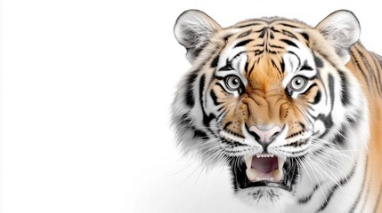 Obraz premium Close-up of the head of an aggressive tiger ready to attack. Wild animal in monochrome style. Scalp of a snarling animal. Illustration for cover, card, interior design, poster, brochure, presentation.