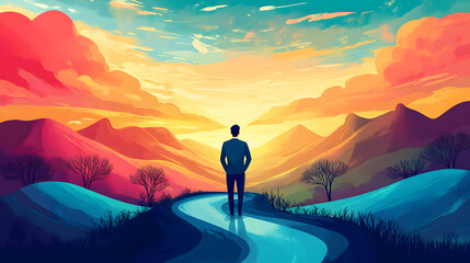 Fototapeta premium Illustration of a confused businessman standing at multiple crossroads, representing the paradox of choice in making career and business growth decisions with numerous options and uncertain 62585353 2