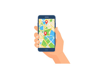 Hand holding a blue smartphone displaying a map with red location pins.