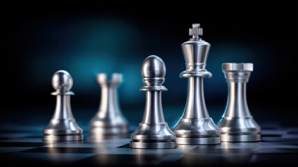 Close-up of a metallic chess set featu detailed chess pieces arranged on a reflective surface with a dark background, creating a sleek and modern game aesthetic