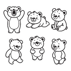 Set of cute bears in various poses with hand-drawn vector illustrations. Doodle line art style, isolated and easy to use for creative projects and designs.
