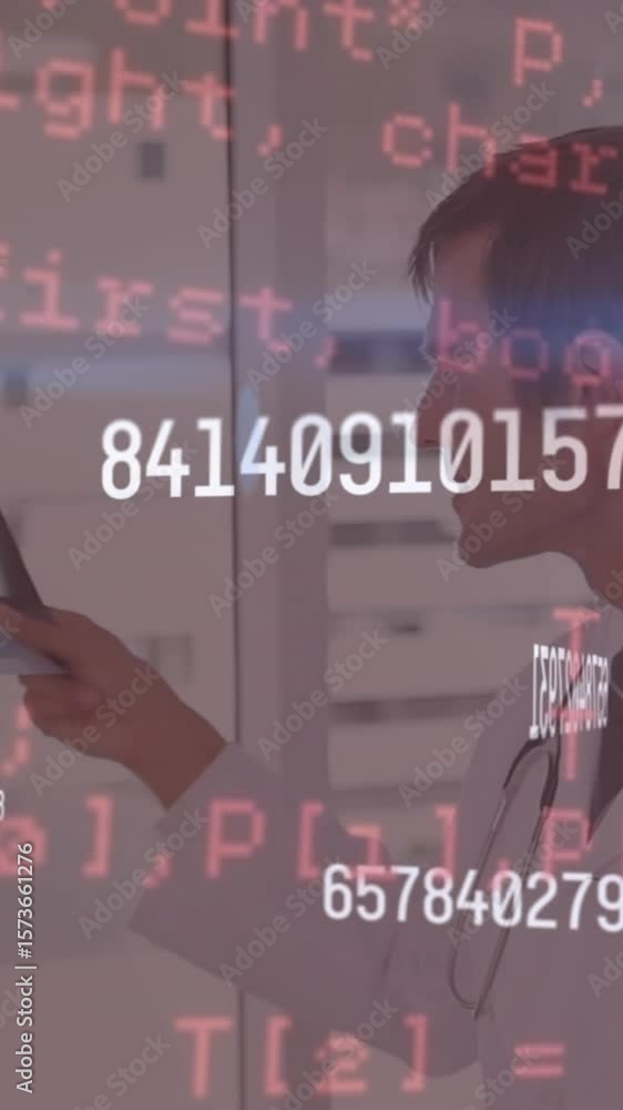 Poster animation of changing numbers and computer language over caucasian doctor analyzing x-ray report