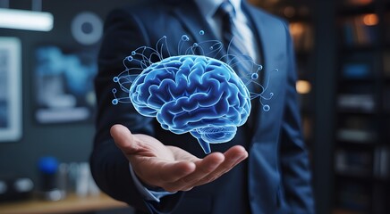 Businessman Holding Holographic Brain Artificial Intelligence Neuroscience and the Future of Business