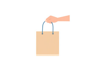 Hand Holding a Tan Paper Shopping Bag with Blue Handles Illustration.