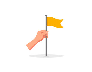 Hand Holding a Yellow Pennant Flag on a Gray Pole Illustration.