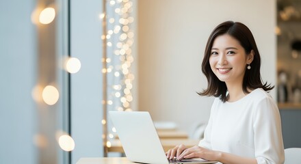 カフェでノートパソコンを操作する笑顔の女性