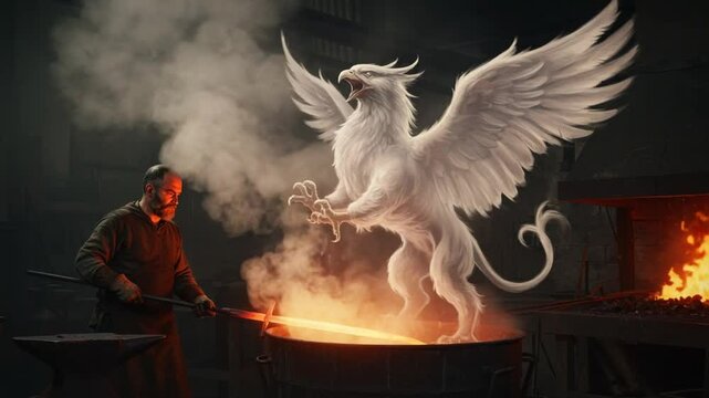 Blacksmith forging a mythical griffin in workshop