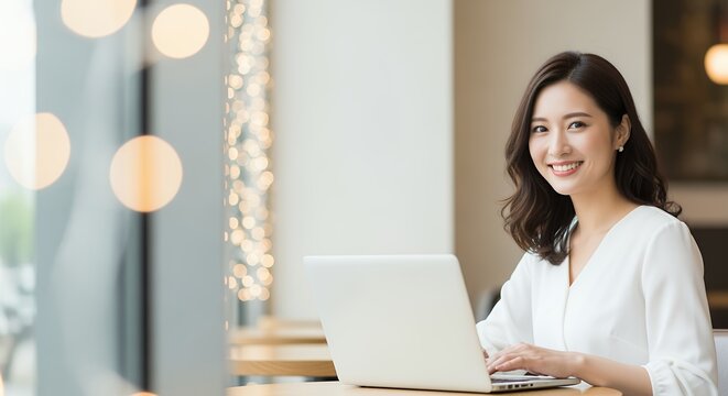 パソコンをタイピングする女性の笑顔
