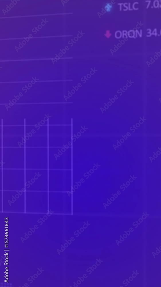 Poster animation of graphs, trading board and loading circles over grid pattern against abstract background