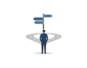 Man in Suit Facing Directional Signpost on Road Decision Making.