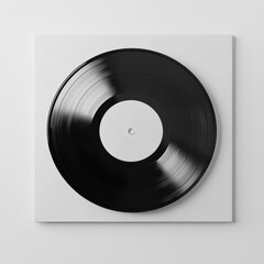 Obraz premium Clean overhead view of a black vinyl record with a white label on a white background