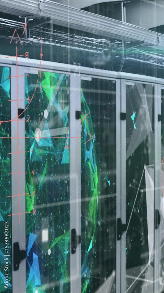 Poster animation of plexus networks and mathematical equations against computer server room