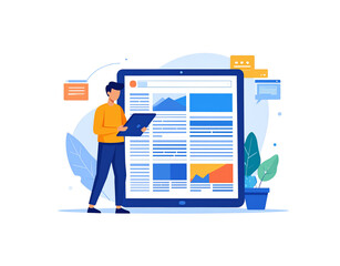 Man with Tablet and Large Screen Displaying Website Layout Design.