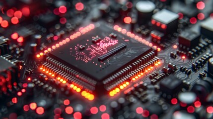 Glowing chip with red circuits amidst dark components, bokeh lights surround
