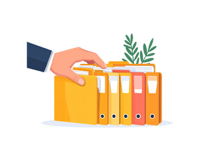 Organized Office Hand Selecting Yellow File Folder from Colorful Collection.