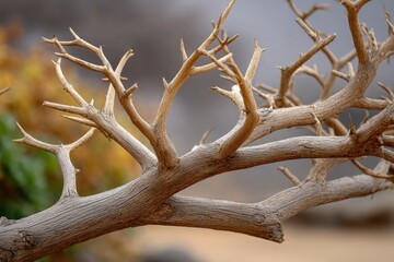 A dry gnarled branch with twiglike extensions fills the frame against a soft blurred background