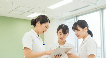 病院でタブレットを見る3人の看護師