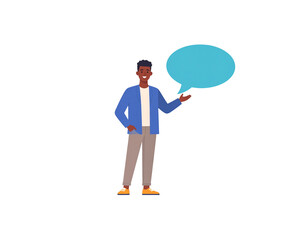 Smiling African American Man Presenting a Blue Speech Bubble.