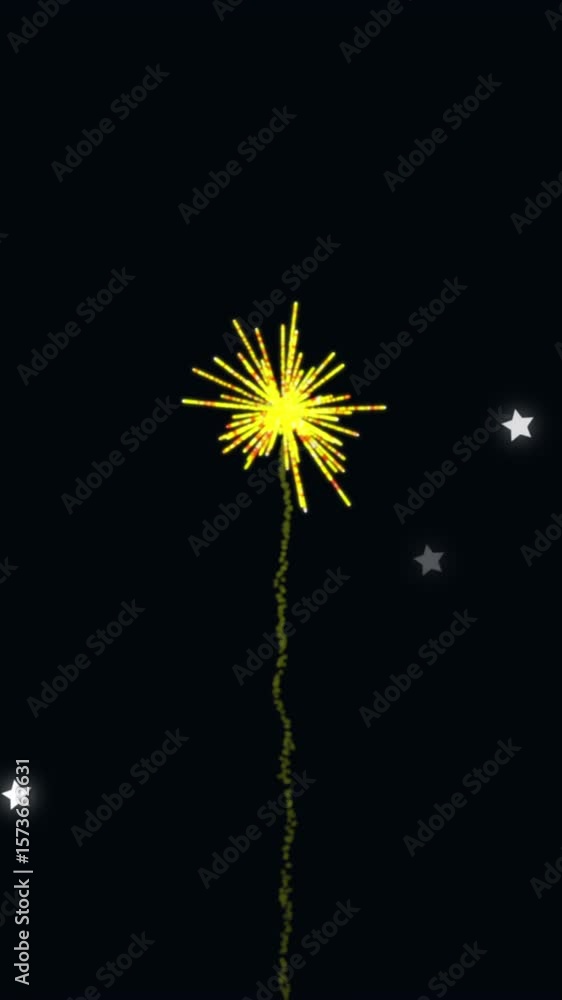 Poster animation of glowing stars and fireworks exploding against black background