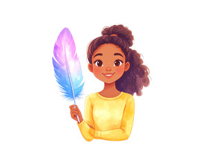 Smiling Cartoon Girl Holding a Colorful Feather with Curly Hair.