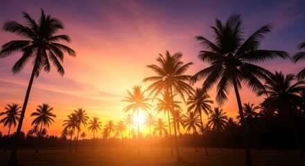 Obraz premium Beautiful Sunset Silhouettes Palm Trees Tropical Paradise Scenic View