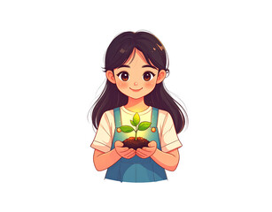 Smiling Cartoon Girl Holding a Sprout with Soil in Her Hands.