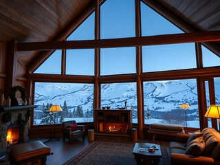 Snowy Mountain Cabin with Scenic Window View, No 040 – AI Generated