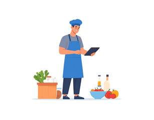 Smiling Chef in Blue Uniform Holding a Tablet Preparing Ingredients.