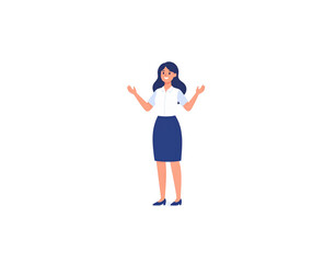 Smiling Woman in Business Attire with Arms Raised in Presentation Pose.
