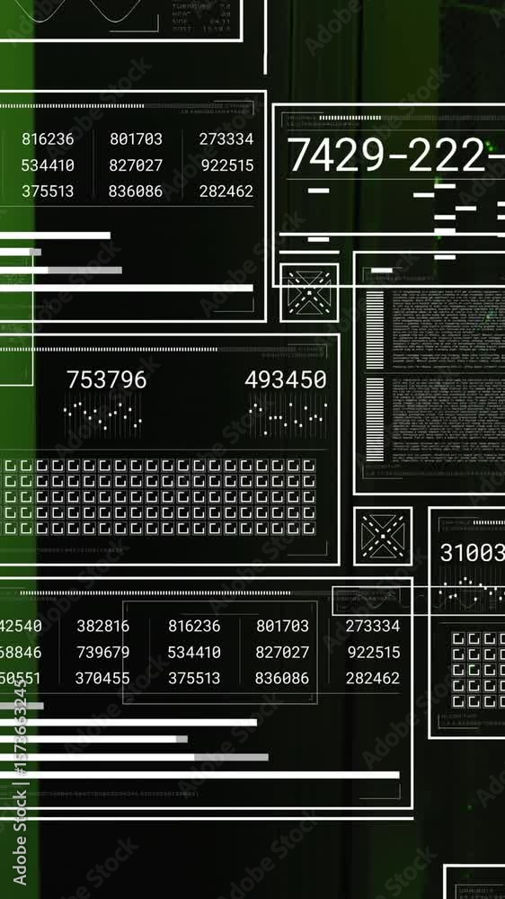 Poster animation of hud screens with numbers, graphs and shapes over data server racks