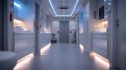 Modern hospital hallway with white walls, cabinets, and overhead lights leading to an exit
