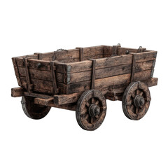 Weathered wooden cart with four spoked wheels, showing signs of age and use, possibly a miniature model or toy