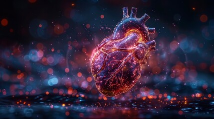 Glowing heart floats amidst blurred bokeh, reflecting light. Dark background with scattered bright spots