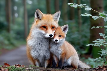 Foxes in forest embrace