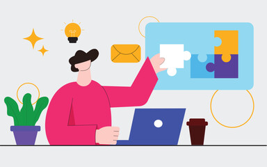 Business man with laptop vector illustration: a cartoon concept of people at work and hold pieces puzzle, with a hand symbol for success infographics