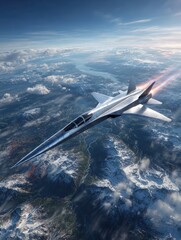 Fototapeta premium Futuristic jet plane high above mountains