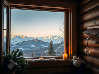 Snowy Mountain Cabin with Scenic Window View, No 033 – AI Generated