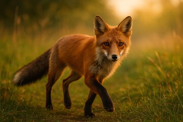 Red Fox in Sunlit Meadow at Golden Hour