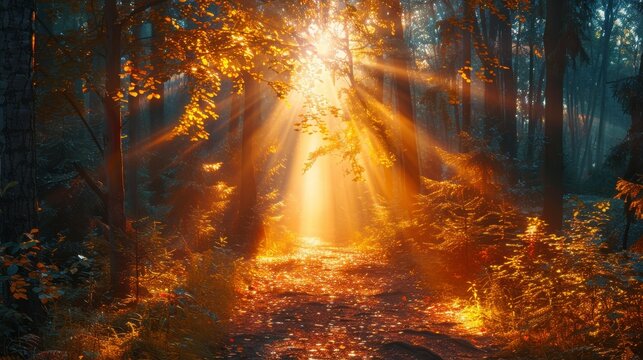 Forest path with sun rays beaming through trees, lighting the ground