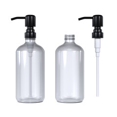 Clear Empty Pump Bottles with Black Dispenser Caps Isolated on Transparent Background.