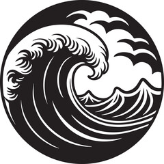 sea wave round silhouette vector illustration, sea wave round icon black and white
