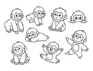 Set of cute gorillas in various poses with hand-drawn vector illustrations. Doodle line art style, isolated and easy to use for creative projects and designs.